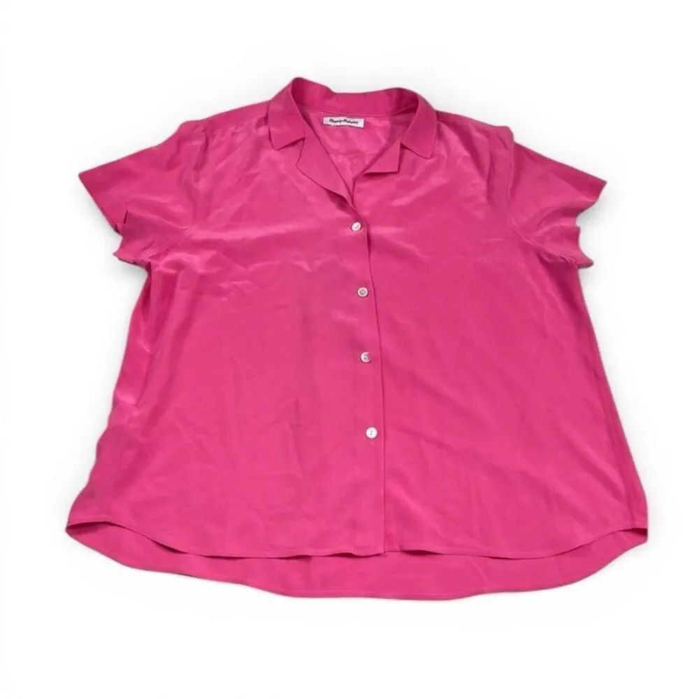 Tommy Bahama Silk Button Down Shirt Pink Short Sleeve Classic Work Top XL/1X